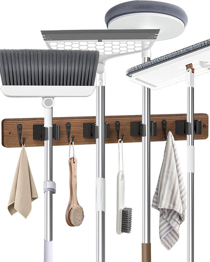 Broom Holder Wall Mounted, 4 Holders and 4 Hooks Mop Holder, Wooden Mop and by AceMining