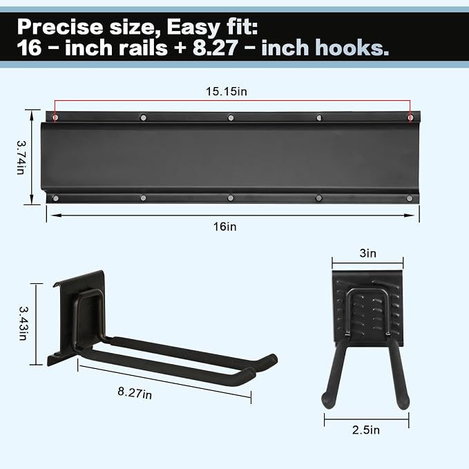 Garage Tool Organizer Wall Mount 16in- 2 Heavy Duty Hooks, 120lbs Capacity - Image 2