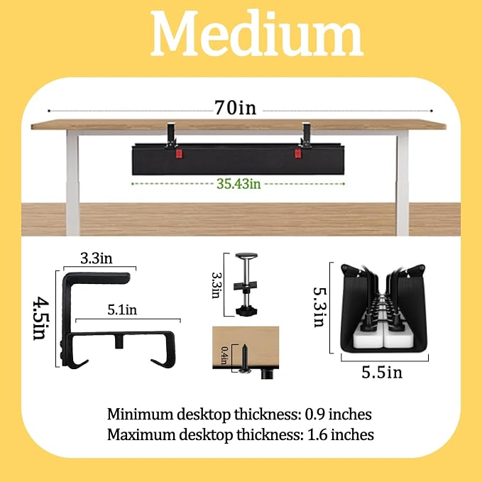 No Drill Under-Desk Cable Management Tray, Desktop Cable Organizer, Fabric - Image 2