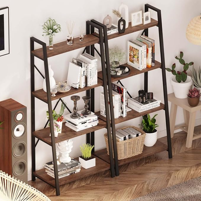 BON AUGURE Industrial Ladder Shelf Bookcase, 4 Tier Rustic Ladder Bookshelf - Image 6