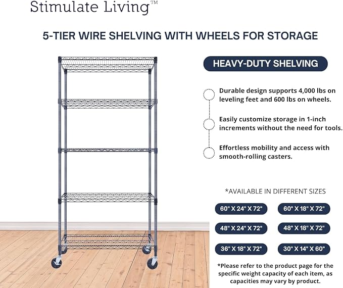 36"x18"x72" Prime Heavy Duty Black 5-Tier Wire Shelving NSF 4000 LBS MAX - Image 6