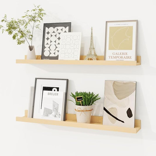 Picture Ledge Shelf, Solid Pine Wood Floating Shelves Set of 2, 24 Inches by FunMemories