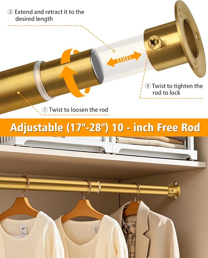 Closet Rods for Hanging Clothes, 17-76 Inch Heavy Duty and Stepless Adjustable - Image 4