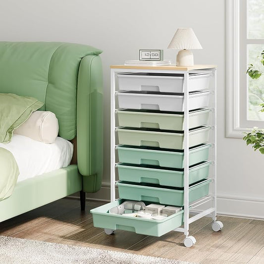 Storage Cart with 8 Drawers, Utility Cart with White Drawers and Wooden Tabletop by TOOLF