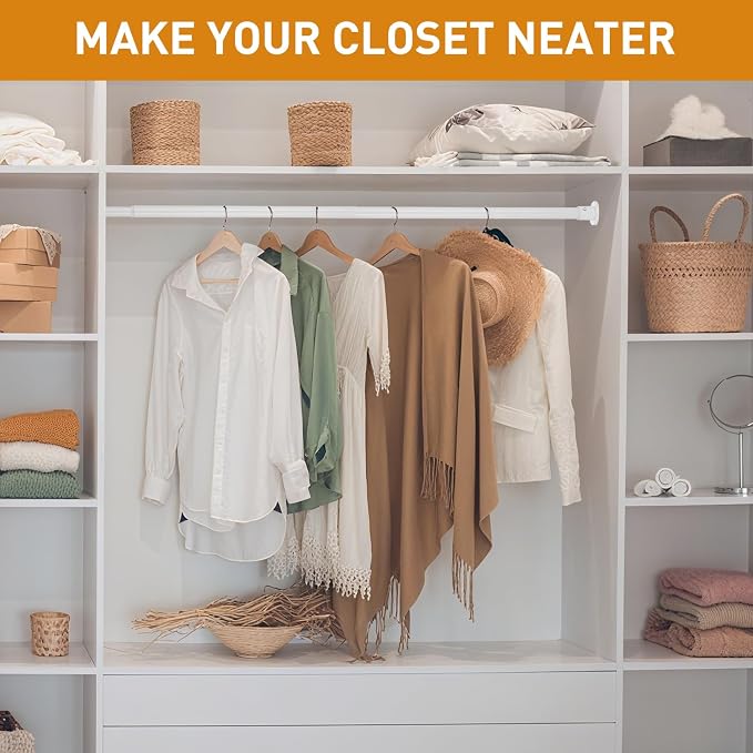 White Adjustable Closet Rod 18-48 Inches, Heavy Duty Metal Clothes Hanging Rod - Image 2