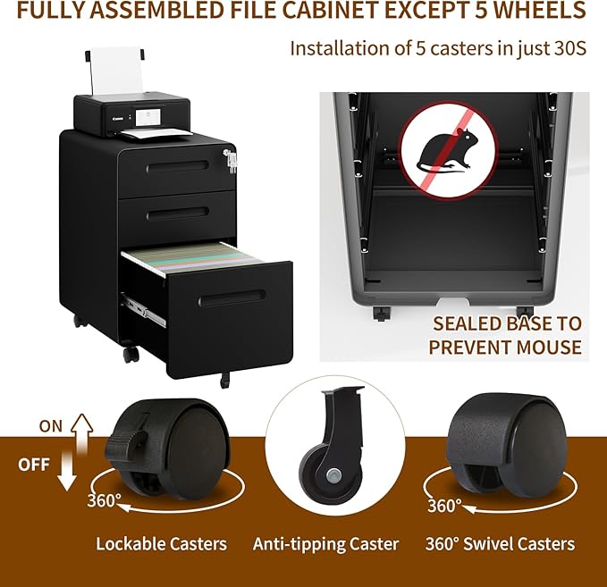 3 Drawer File Cabinet with Lock and 4 Keys, Mobile Metal Filing Cabinet - Image 7