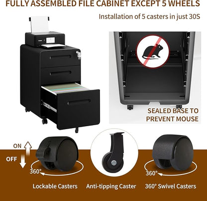 3 Drawer File Cabinet with Lock and 4 Keys, Mobile Metal Filing Cabinet - Image 7