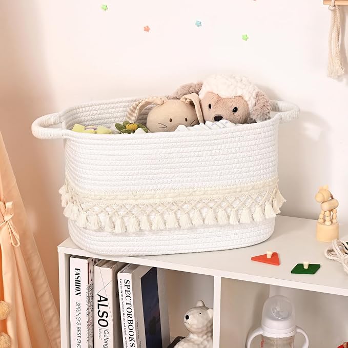 2 Pack Storage Basket for Shelves, Boho Cotton Rope Storage Bins - Image 7