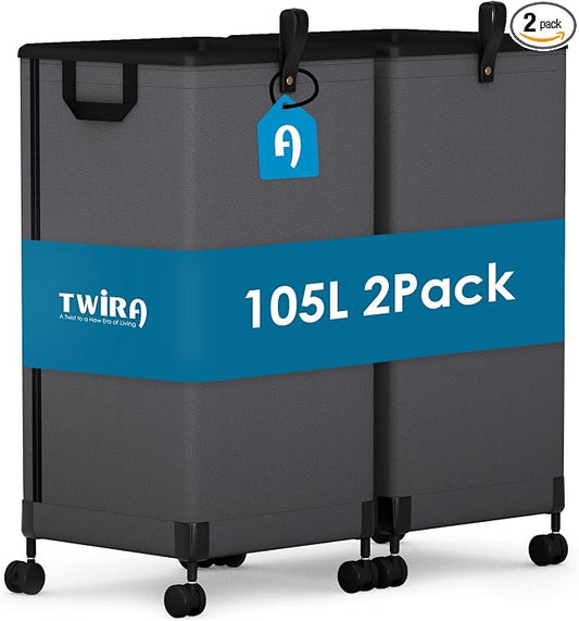 2Pcs Laundry Basket With Wheels 105L, Large Rolling Laundry Hamper With by TWIRA