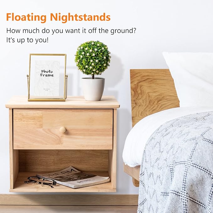 VINGLI Unfinished Natural Solid Wood Floating Nightstand - Image 4