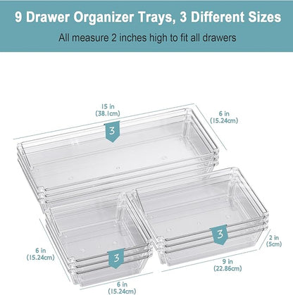9 Pack Large Clear Plastic Drawer Organizer Trays, Desk Drawer Organizers and - Image 2