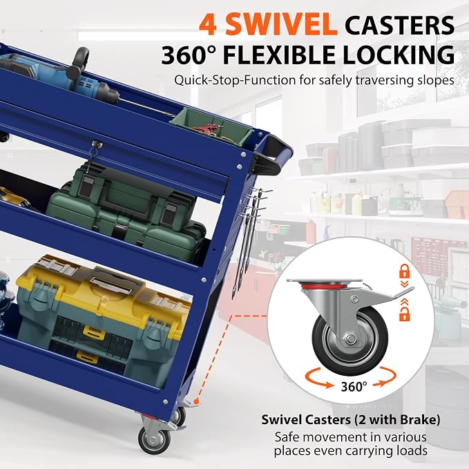 3 Tier Rolling Tool Cart with Drawers, Heavy Duty Utility Cart on Wheels - Image 3