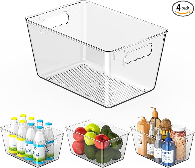 Clear Plastic Storage Bins, 4 Pack Pantry Organizers & Storage Containers by KJIXYUNG