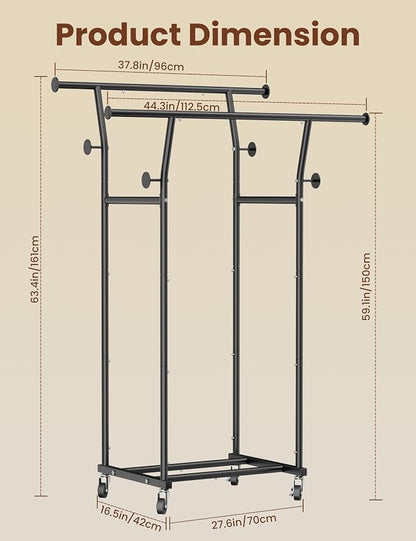 Double Rods Clothes Rack, Rolling Clothing Rack - Image 5