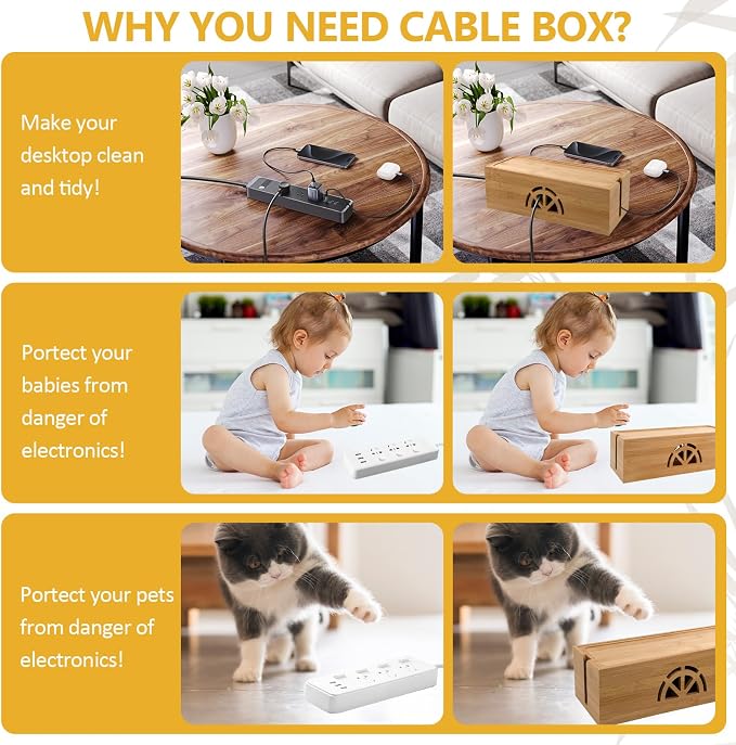 Bamboo Cable Management Box, Extra Large Cord Organizer Box, Power Strips Hider - Image 6