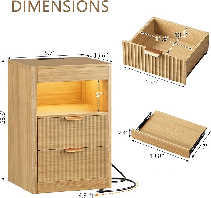 REAHOME Fluted Nightstand with Charging Station, Modern LED Night Stand with 2 - Image 2