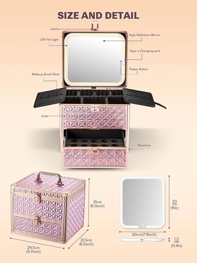 Qislee Makeup Box with Drawer and A Detachable Lighted Mirror, Waterproof - Image 3