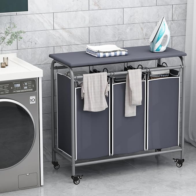 LINZINAR 3 Bag Laundry Basket Sorter Heavy Duty Rolling Lockable Wheels Laundry - Image 2
