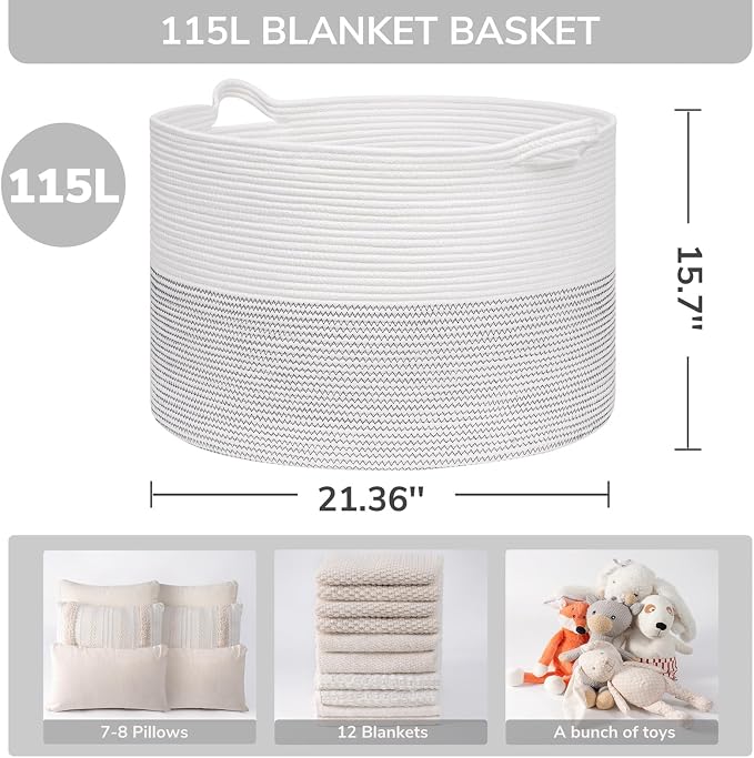 INDRESSME 115L Extra Large Blanket Basket, Cotton Rope Toy Baskets Storage Kids - Image 2