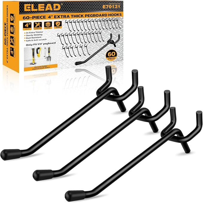 ELEAD 60-Piece 4 Inch Extra Thick Pegboard Hooks, Heavy Duty Peg Board by ELEAD