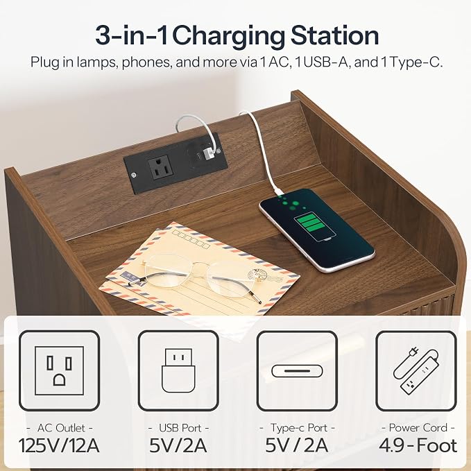 HOOBRO Fluted Nightstand with Charging Station, End Table with Hidden Drawer - Image 7