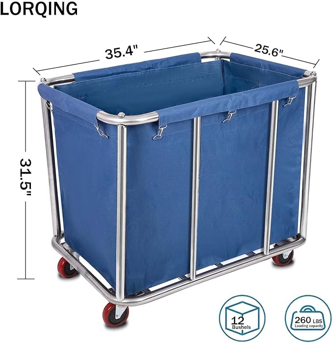 12 Bushels Laundry Cart Commercial/Home, Heavy Duty Large Stainless Steel - Image 2