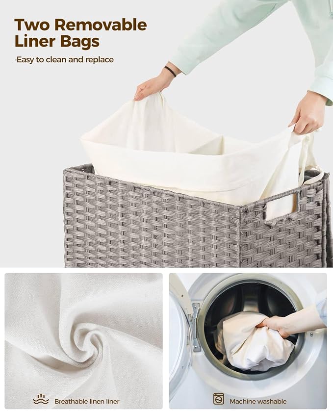 Greenstell Laundry Hamper with Wheels, No Install Needed, 90L Divided Handwoven - Image 4