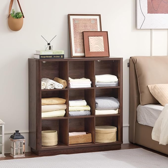 9 Cube Bookshelf, Wood Floor Standing 3-Tier Cubby Book Shelf - Image 8