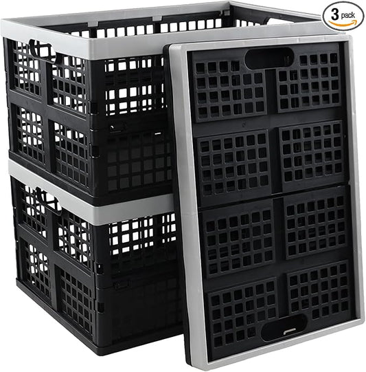 3 Pack 42 L Large Plastic Collapsible Storage Crates, Stackable Folding Milk by Unknown