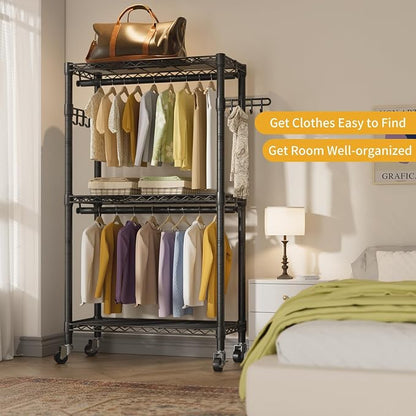 Heavy Duty Clothes Rack Rolling Garment Rack, 3 Tier Adjustable Wire Shelving - Image 7