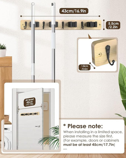 Broom Holder Wall Mounted, Light Wood 4 Holders and 4 Hooks Mop Holder - Image 4