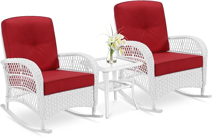 VIVIJASON 3-Piece Outdoor Conversation Bistro Set, Patio Wicker Rocking Chairs by VIVIJASON