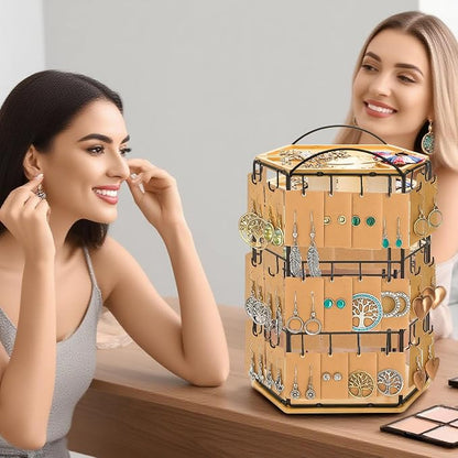 Rotating Earring Display Stand for Vendors, 48 Hooks Hexagon Bamboo Jewelry - Image 8