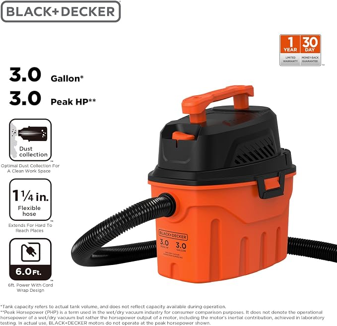 BLACK+DECKER Shop Vacuum Wet and Dry, 3 Gallon 3.0 Peak HP, 3-in-1 Portable - Image 2