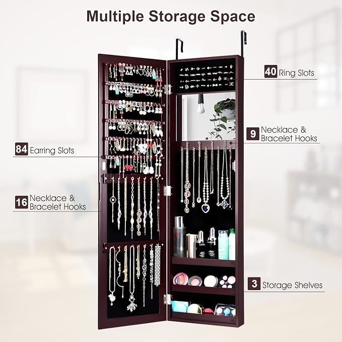 COSTWAY Full Length Mirror Jewelry Cabinet, Wall Door Mounted Jewelry Organizer - Image 3