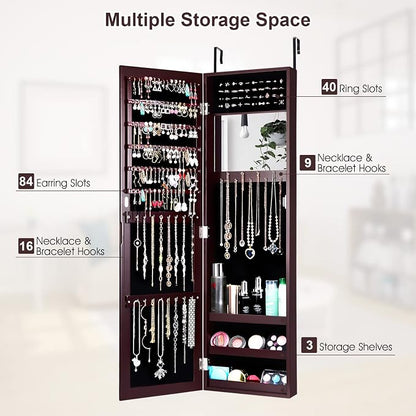 COSTWAY Full Length Mirror Jewelry Cabinet, Wall Door Mounted Jewelry Organizer - Image 3
