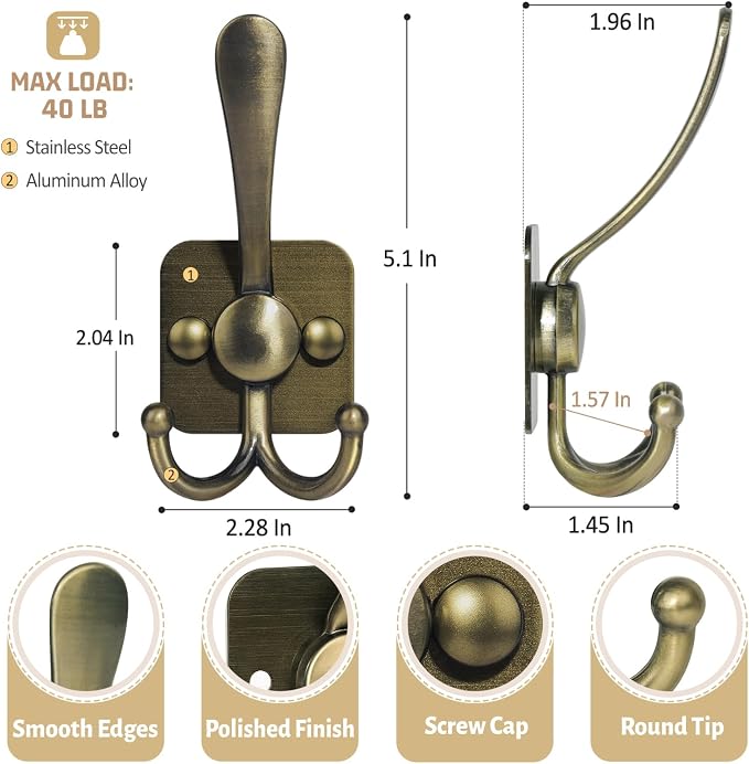 VIS'V 3 Prong Coat Hooks Wall Mount, Metal Self Adhesive Entryway Wall Hooks - Image 3