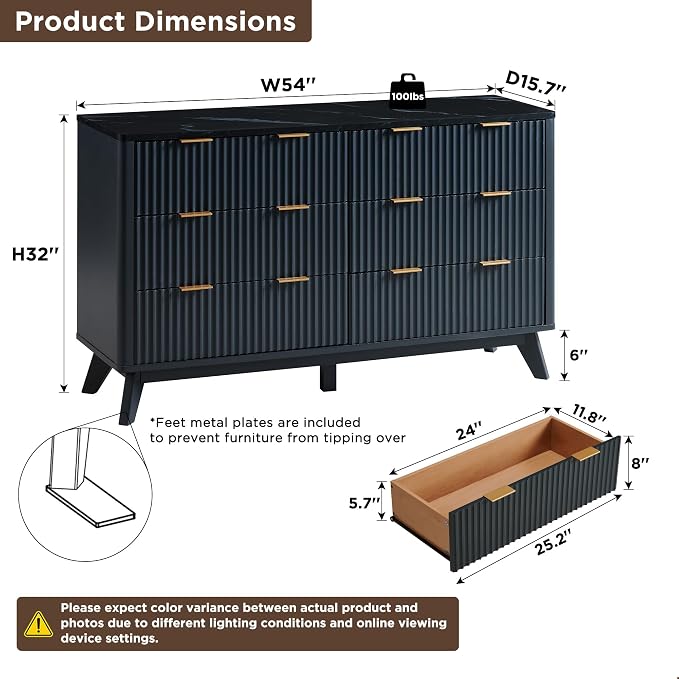 T4TREAM Fluted 6 Drawers Dresser, Curved Profile Design, Dresser TV Stand - Image 2