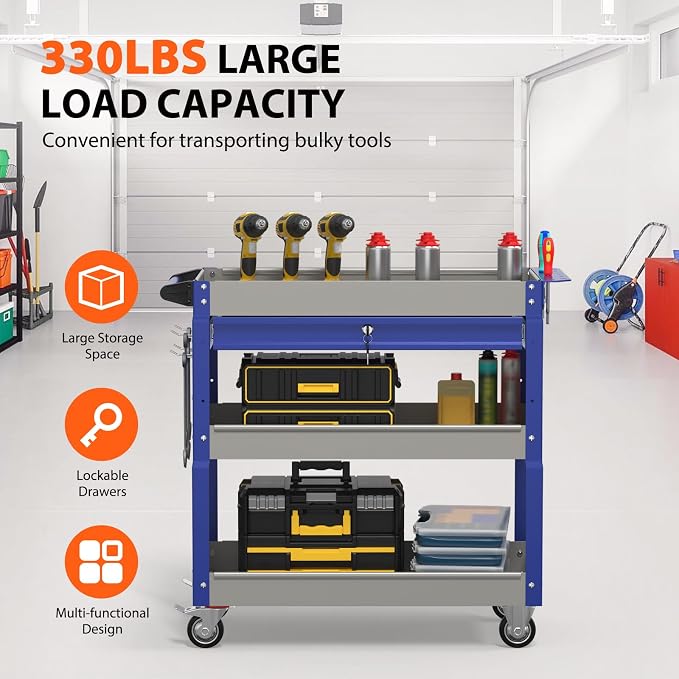3 Tier Rolling Tool Cart On Wheels, Heavy Duty Utility Cart - Image 2