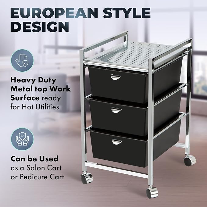 Pibbs D23 Metal Salon Roller Cart, 3 XL Removable Drawers, Heavy-Duty Utility - Image 2