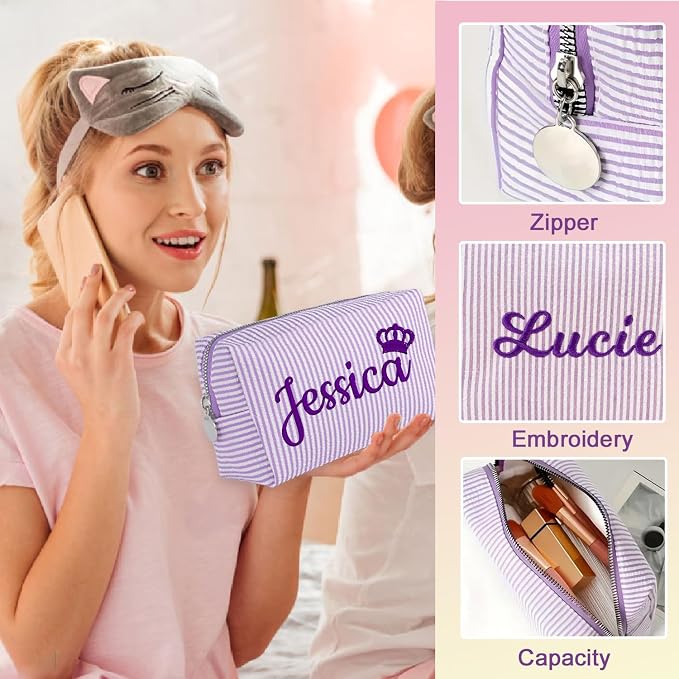 Personalized Seersucker Makeup Bag - Image 4