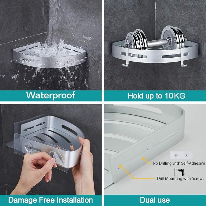 Hoomtaook Corner Caddy Bathroom Shower Shelf Wall Mounted No Drilling 2 Tier - Image 2