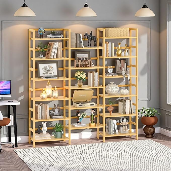 Homykic Bamboo Triple Wide Bookshelves and Bookcases, 6-Tier Shallow Open - Image 7