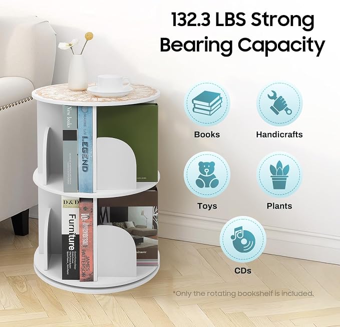 2-Tier Rotating Bookshelf 360° Revolving Bookcase, Floor Standing Bookcase Book - Image 3