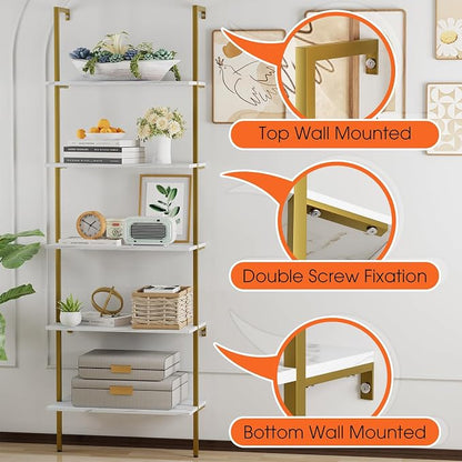 5 Tiers Ladder 2-Piece Shelf White Marble Modern Bookshelf Open Tall Wall Mount - Image 6