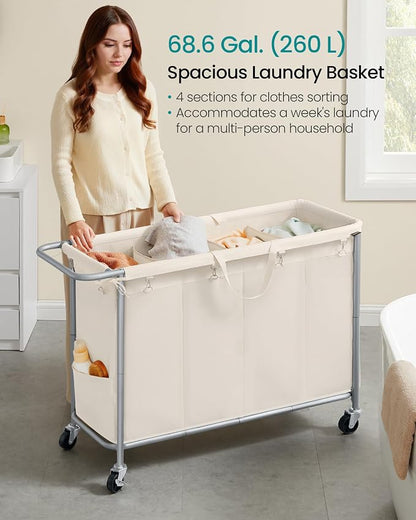 SONGMICS Laundry Basket with Wheels, 4-Section Rolling Laundry Hamper, 68.6 - Image 3