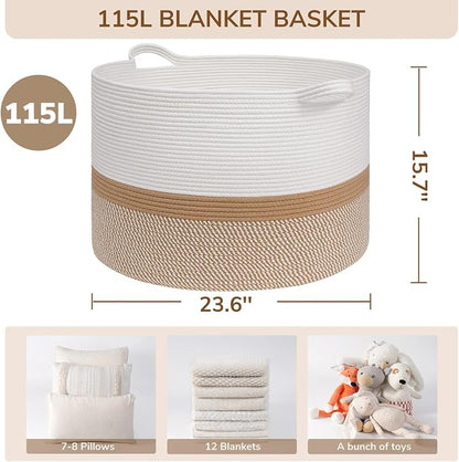 INDRESSME 115L Extra Large Cotton Rope Basket, Woven Baby laundry Blanket Basket - Image 2