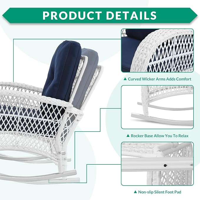 VIVIJASON 2 Piece Patio Wicker Rattan Rocker Chair, Outdoor Rattan Rocker Chair - Image 4