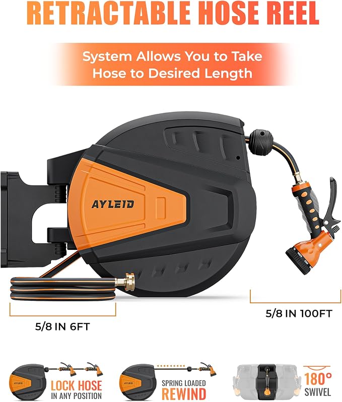 Ayleid Retractable Garden Hose Reel, 5/8 in x 100 FT Wall Mounted Hose Reel - Image 2