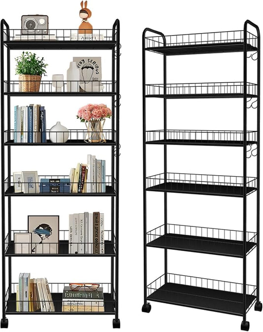 6-Tier Slim Storage Cart with Wheels, 10in Wide Black Narrow Rolling Shelf by RUOZTEOO